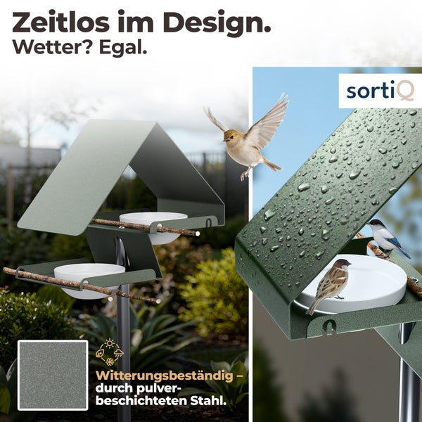 Vogelhaus mit Futterschale aus pulverbeschichtetem Stahl