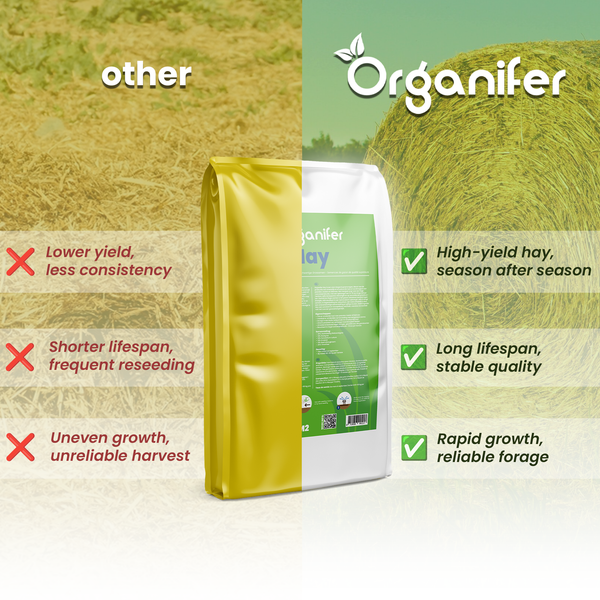 Vergleich von Organifer Grassamen mit anderen Marken. Organifer bietet hohen Ertrag, lange Lebensdauer und schnelles Wachstum. Organifer Logo.