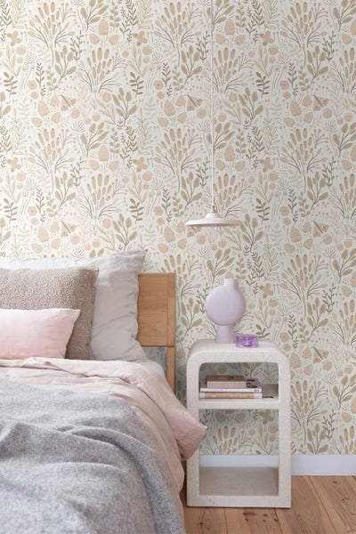 ESTAhome Tapete Blätter und Blumen Weiß und Beige - 50 x 900 cm - 131389