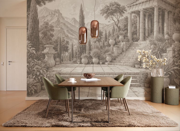 Esszimmer mit Esstisch, Stühlen, Teppich, Pendelleuchten und einer Wandtapete mit Landschaftsmotiv