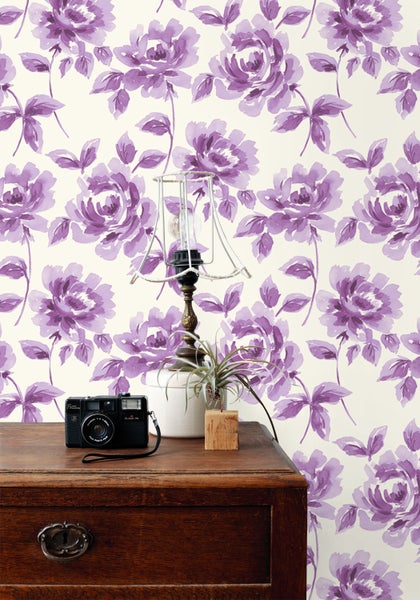 ESTAhome Tapete Aquarell gemalte Rosen Lila - 53 cm x 10.05 m - 128015