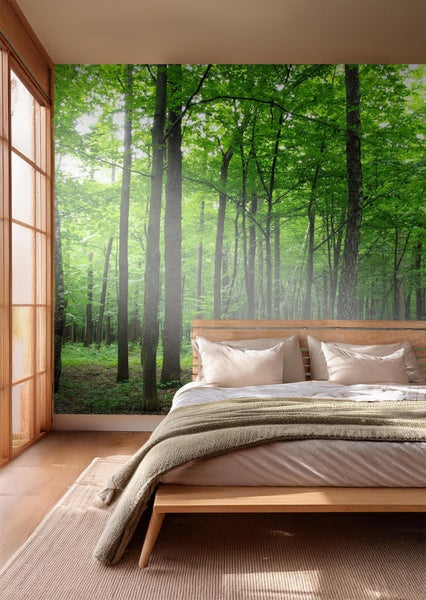 Schlafzimmer mit Fototapete eines Waldes