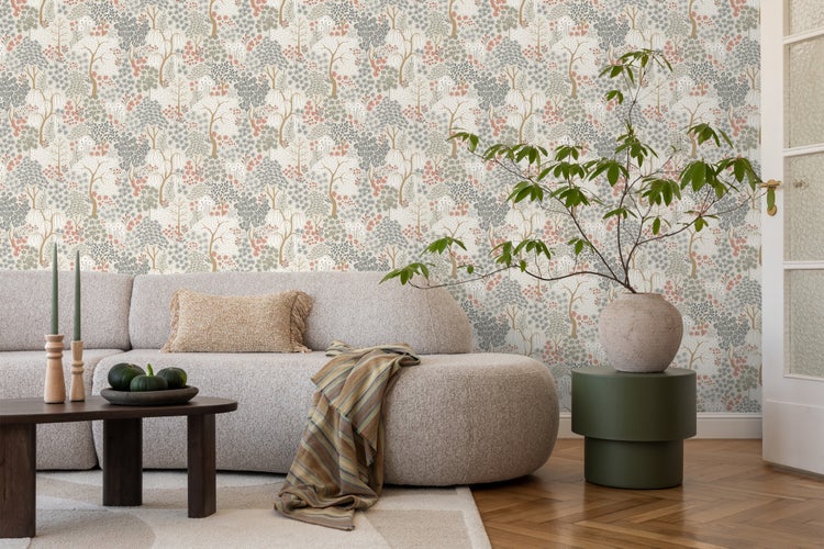 ESTAhome Tapete Bäumen und Blumen Graugrün und Terrakotta - 50 x 900 cm - 131187