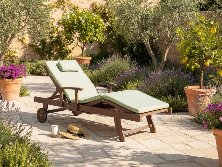 Holzliege mit Auflage im Garten