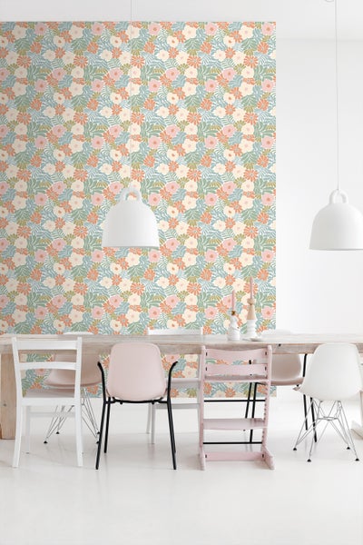 ESTAhome Tapete Blumen im Matisse-Stil Türkis, Orange, Olivgrün und Beige - 50 x 900 cm - 131004