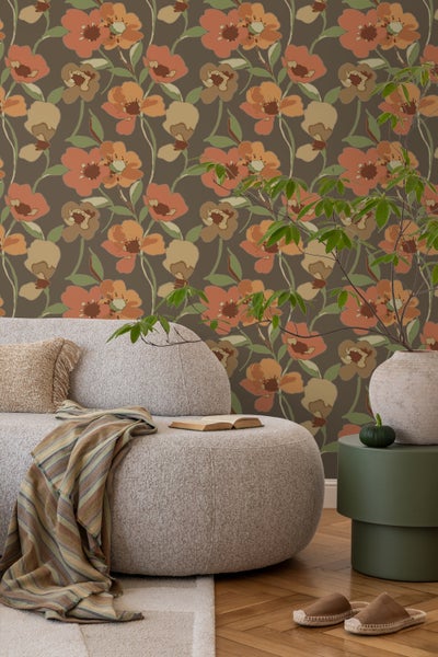 ESTAhome Tapete Blumen Orange und Graugrün - 50 x 900 cm - 130990