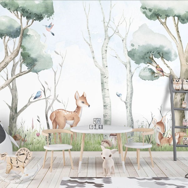 Kindertapete Waldtiere Landschaft 500 x 250 cm