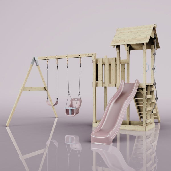 Spielturm mit Rutsche, Schaukel und Kletterwand für den Garten