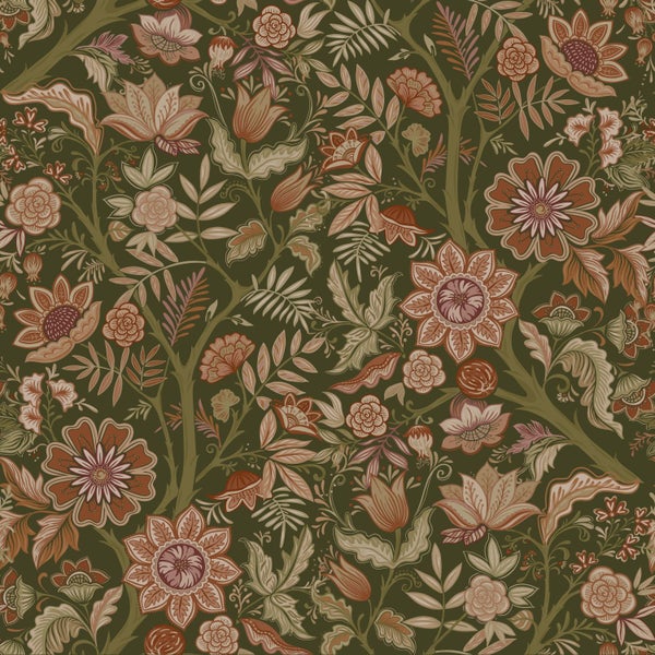 ESTAhome Tapete Blumenmuster Dunkelgrün und Terrakottabraun - 50 x 900 cm - 131334