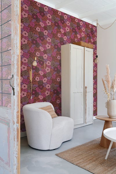 ESTAhome Tapete Blumen im Matisse-Stil Rosa, Lila und Terrakotta - 50 x 900 cm - 131136