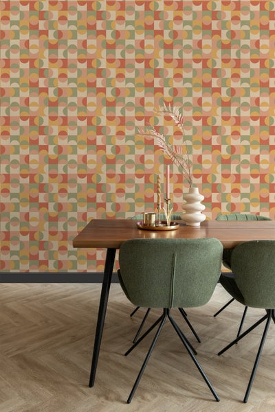 ESTAhome Tapete Kreise im Bauhaus-Stil Terrakotta, Gelb, Grün und Beige - 50 x 900 cm - 130941