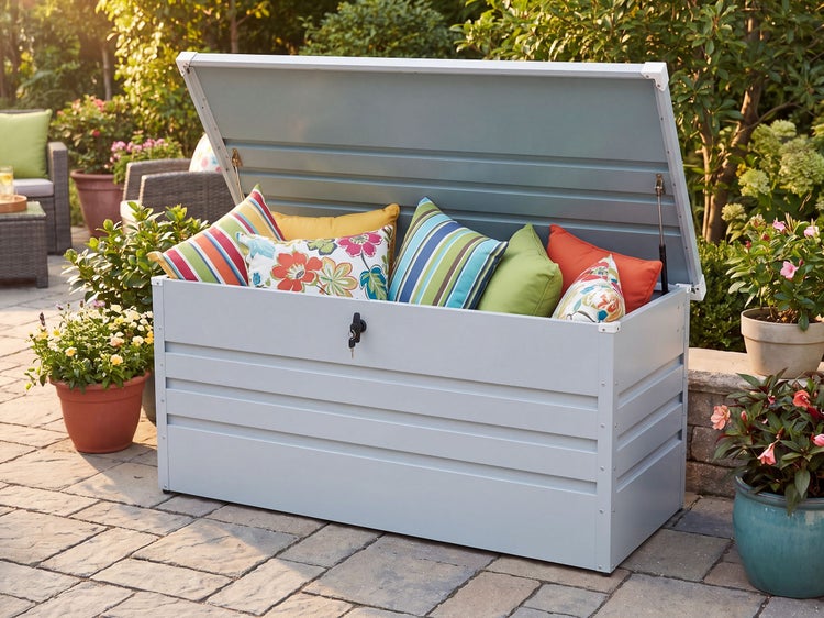 Eine geöffnete Gartenbox aus Metall auf einer Terrasse, gefüllt mit verschiedenen bunten Kissen, in einer sommerlichen Gartenumgebung.