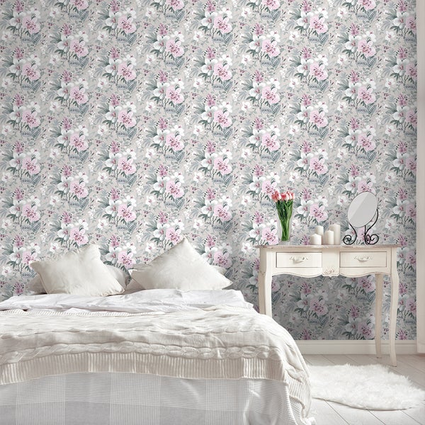 Sanders und Sanders Tapete Blumen Graugrün und Lila - 53 cm x 10 m - 640390