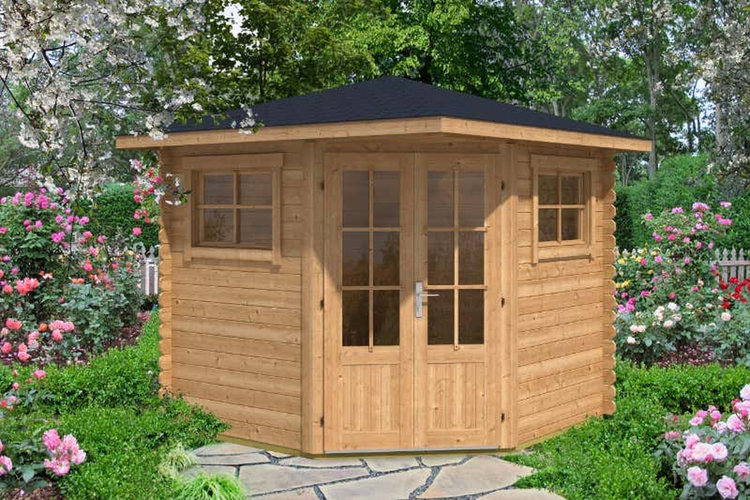 Alpholz 5-Eck Gartenhaus Sunny-B aus Massiv-holz Imprägniert (Pinie), Gerätehaus mit 28 mm Wandstärke, Garten Holzhaus inklusive Montagematerial, Geräteschuppen Größe: 250 x 250 cm, Spitzdach