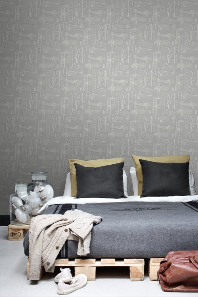 ESTAhome Tapete Kontruktionszeichnungen von Flugzeugen Taupe - 53 cm x 10.05 m - 128811