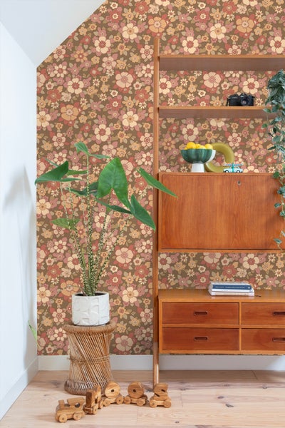 ESTAhome Tapete Retro Blumen Rot und Braun - 50 x 900 cm - 131530