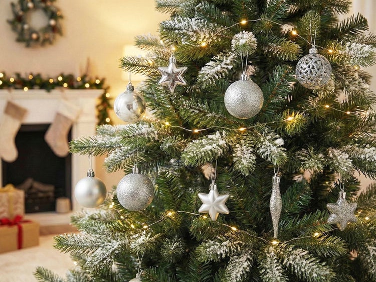 Künstlich verschneiter Weihnachtsbaum mit silbernen Kugeln, Sternen und Lichterkette in einem Wohnzimmer mit Kamin.