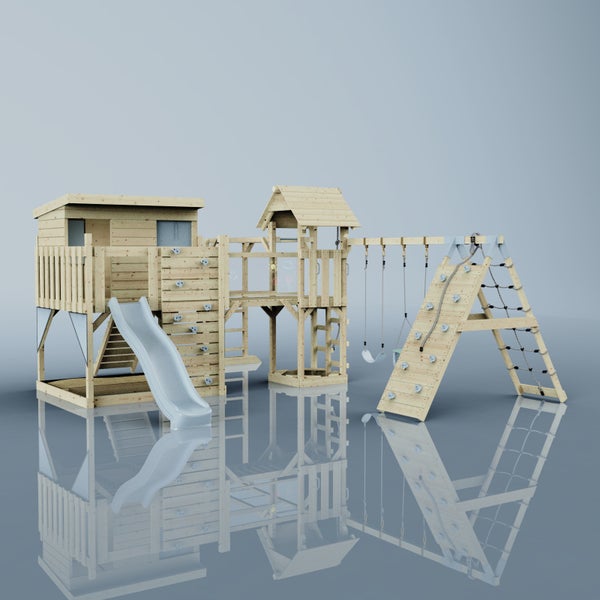 Spielturm aus Holz mit Rutsche, Schaukel und Kletterwand für den Garten