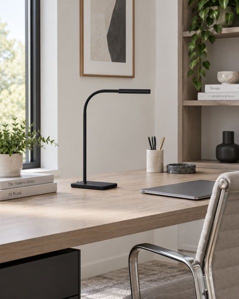 Schlanke Schreibtischleuchte auf einem hölzernen Bürotisch in einem modern eingerichteten Arbeitszimmer mit Regalen und Dekoration.