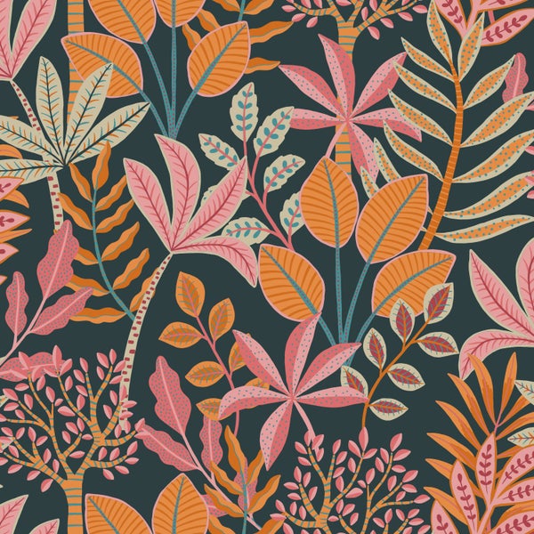 ESTAhome Tapete Blätter Orange, Rosa und Dunkelblau - 50 x 900 cm - 130993