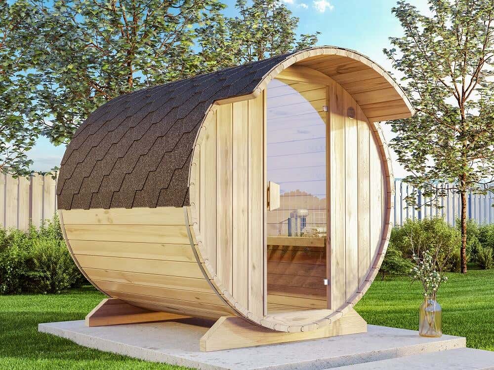 FinnTherm Fass-Sauna Tom Fasssauna 2 Sitzbänke aus Holz, Sauna mit 40 mm Wandstärke, Außensauna mit Montagematerial