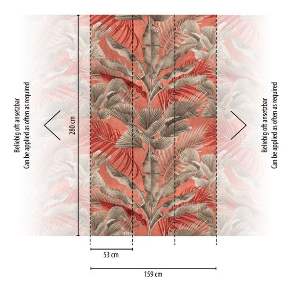 Tapete mit tropischem Pflanzenmuster und Maßangaben