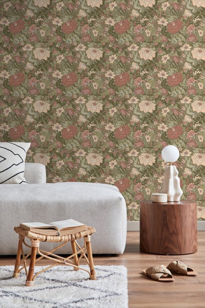 ESTAhome Tapete Blumenmuster Grün und Altrosa - 50 x 900 cm - 131196
