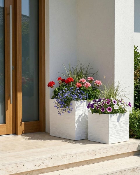 Heller Eingangsbereich mit zwei weißen quadratischen Pflanzkübeln mit Struktur neben einer Holztür, bepflanzt mit bunten Blumen.