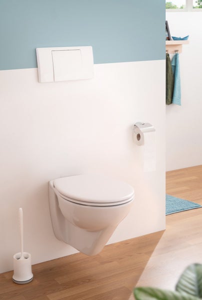 Calmwaters® Erhöhtes Wand WC spülrandlos Modern Plus mit Toilettendeckel, + 6 cm Erhöhung, inklusive abnehmbarem WC Sitz mit Absenkautomatik und Schnellbefestigung, Tiefspüler, Weiß, 08AB5815