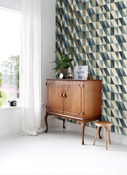 ESTAhome Tapete grafische Dreiecke Gold, Grün und Blau - 53 cm x 10.05 m - 139197