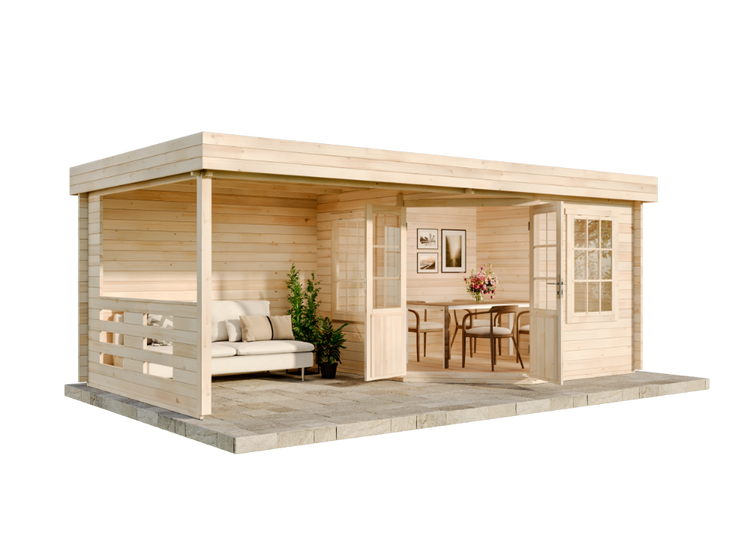 Alpholz Gartenhaus Hanna-40 aus imprägniertem (Pinie) Holz  598 x 302 cm,  mit 40 mm Wandstärke und Flachdach