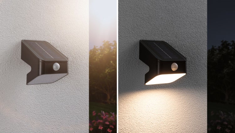 Solar LED Wandfluter Lesly Dämmerungsgesteuerter Bewegungsmelder (IR) IP65 eckig 113x126mm 3000K 5,5W 400lm 3,7V Anthrazit Kunststoff