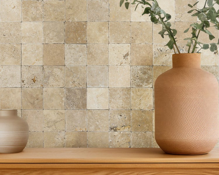 Wohnrausch Travertin Mosaikfliesen GOLDEN-SUNSET 10 x 10 x 1 cm, getrommelt, beige, gelb, braun