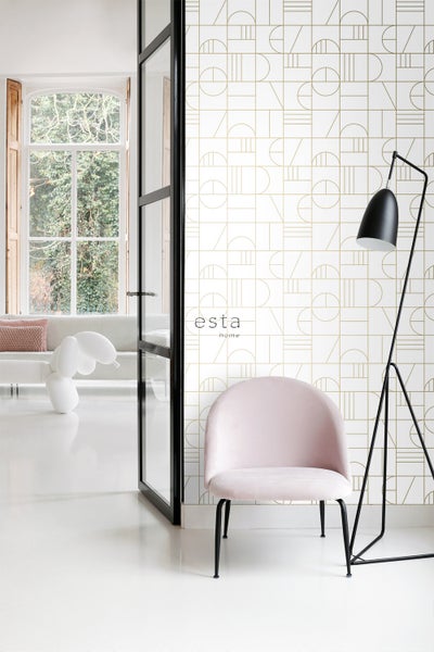 ESTAhome Tapete Art Decó Muster Weiß und Gold - 53 cm x 10.05 m - 139141
