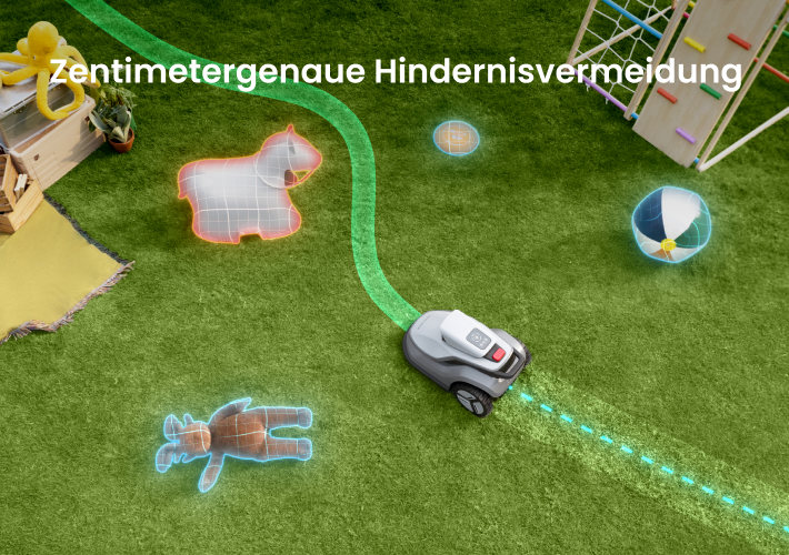 Mähroboter auf Rasen weicht Spielzeug aus durch zentimetergenaue Hindernisvermeidung.