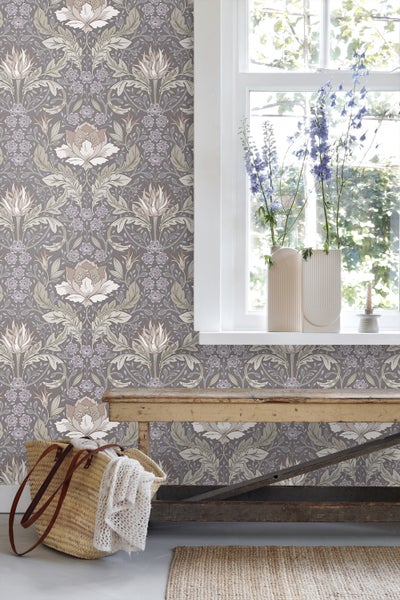 ESTAhome Tapete Blumenmuster im Jugendstil Grün und Grau - 50 x 900 cm - 131079