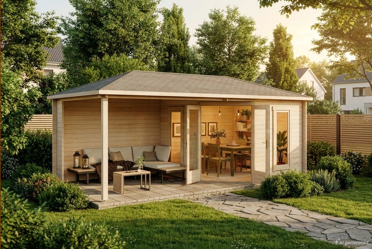 Holzgartenhaus mit integrierter Terrasse und offenem Wohnbereich mit Sitzgruppe und Essbereich im Garten bei Sonnenuntergang.