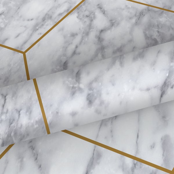 Origin Wallcoverings Tapete Wabenmuster mit Marmoreffekt Weiß, Grau und Gold - 50 x 900 cm - 347808