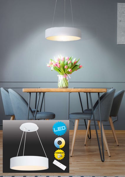 Szene mit LED-Deckenleuchte über einem Holztisch mit Blumen, inklusive LED Symbol und Dimmbar Symbol
