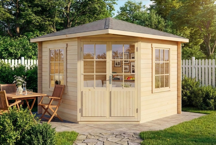 Holz Gartenhaus mit Fenstern und Tür in einem Garten