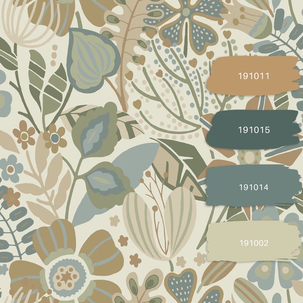 ESTAhome Tapete Blumenmuster Beige, Blau und Grün - 53 cm x 10.05 m - 139676