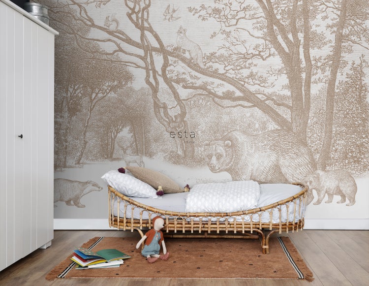 ESTAhome Fototapete Wald mit Waldtieren Beige - 3,5 x 2,79 m - 159064