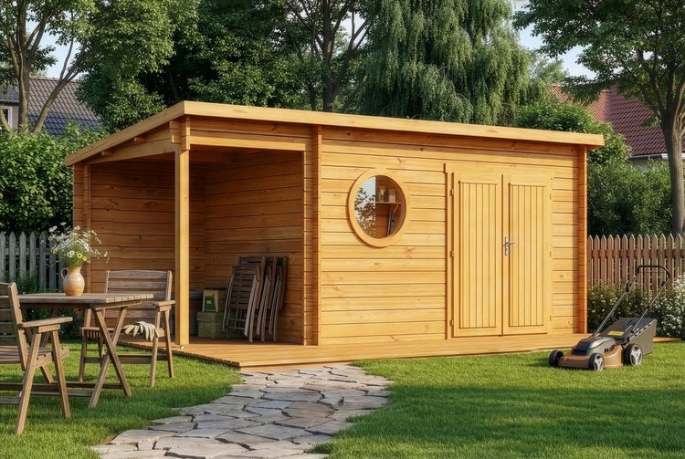 Modernes Gartenhaus aus Holz mit Pultdach, offenem Anbau, Rundfenster und geöffneter Doppeltür in einer organisierten Gartenanlage.
