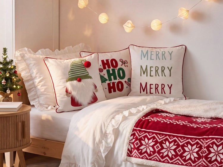 Weihnachtliches Bett mit dekorativen Kissen mit Weihnachtsmann Motiv, Schriftzug und flauschiger Tagesdecke mit Schneeflockenmuster