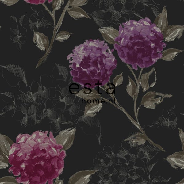 ESTAhome Tapete Hortensien Schwarz und Aubergineviolett - 53 cm x 10.05 m - 128025