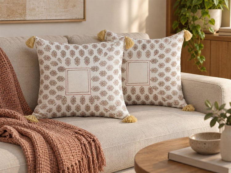 Zwei quadratische Dekokissen mit Quasten an den Ecken und floralem Muster auf einem Sofa mit einer rustikalen Wohndecke.