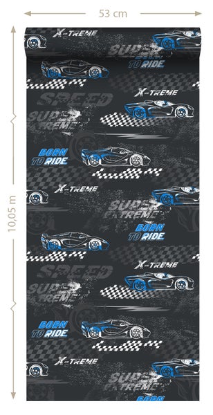 Sanders und Sanders Tapete Rennwagen Blau und Schwarz-Weiß - 50 x 900 cm - 935363