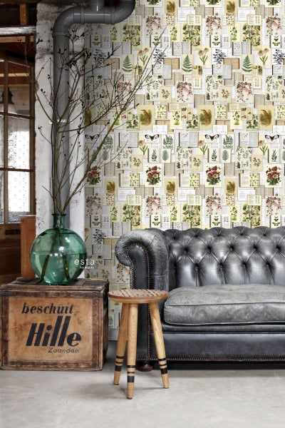 ESTAhome XXL-Vliestapete Seiten aus botanischen Büchern Crème-Beige, Grün, Braun und Ockergelb - 50 x 900 cm - 158825