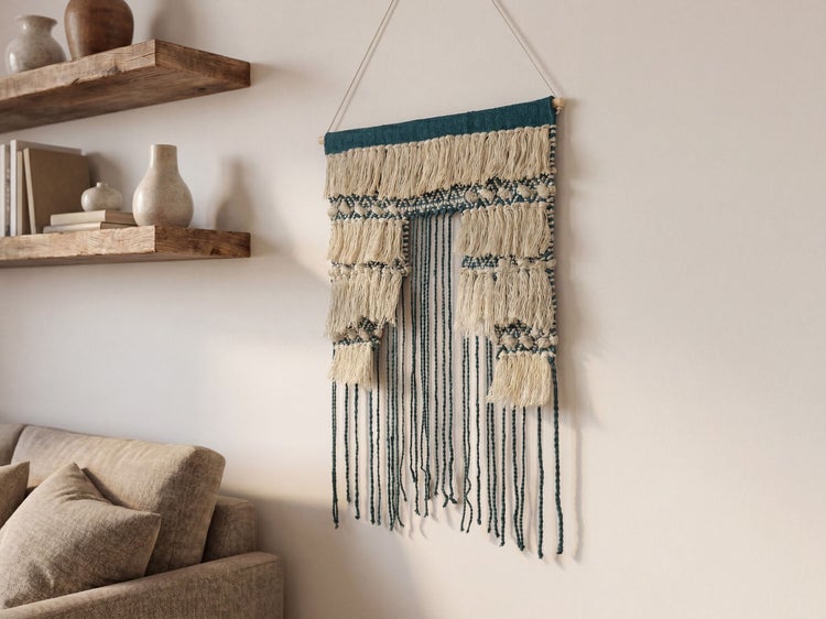 Geknüpfter Wandbehang aus Textil mit Fransen in einem hellen Wohnzimmer mit Sofa und Holzregalen im Bohème-Stil.
