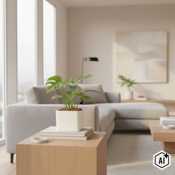 Monstera-Pflanze in einem quadratischen Pflanztopf mit Blähton auf einem hölzernen Beistelltisch in einem hellen Wohnzimmer mit Sofa.